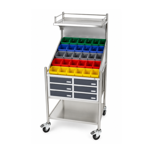 Crash cart trolley 30 bin for emergency medical storage and ICU healthcare management