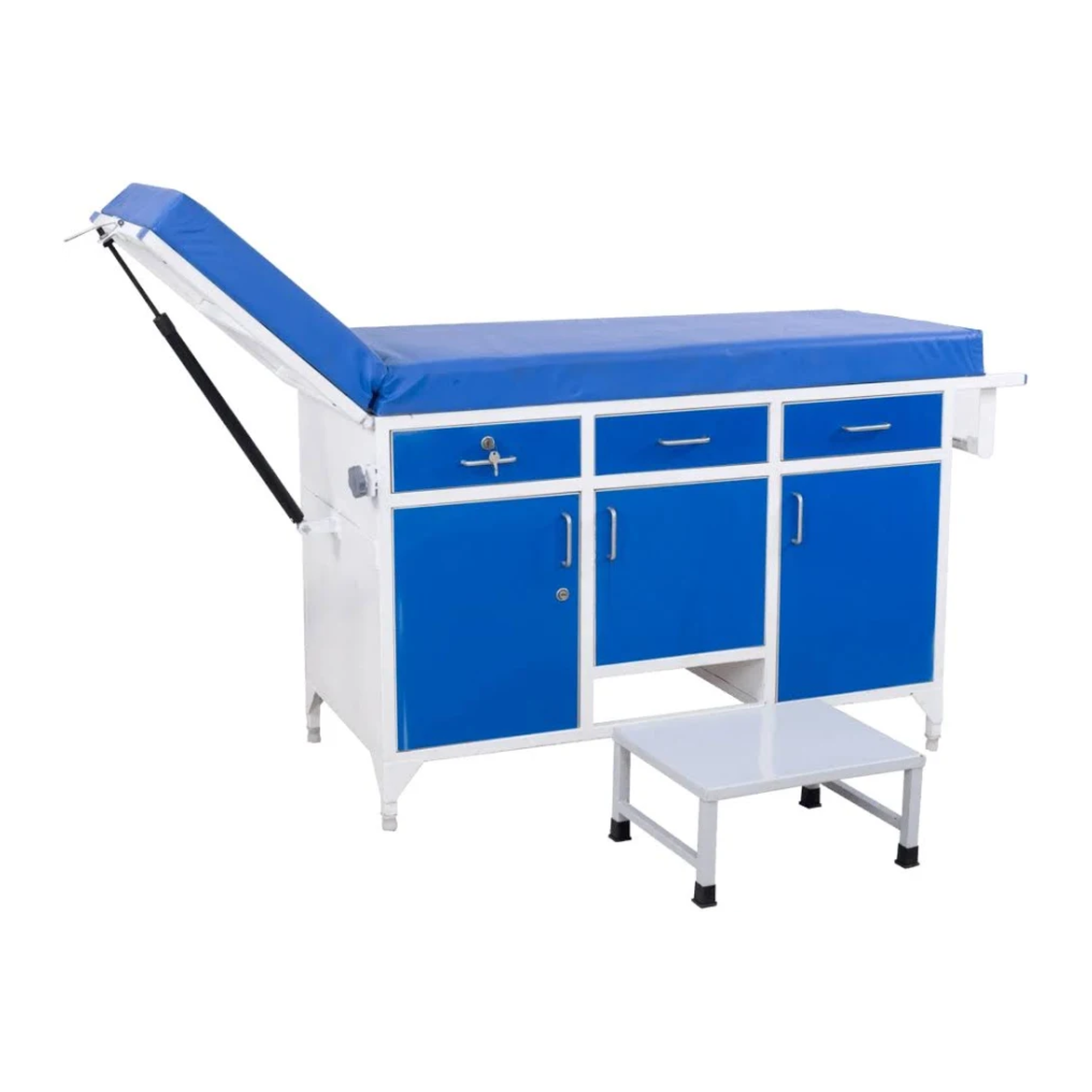 Hospital examination table with adjustable backrest for patient examination and clinical procedures