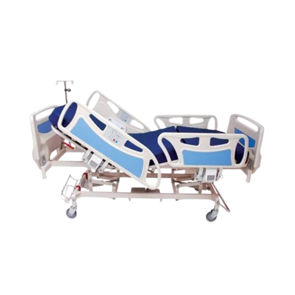 Motorized ICU electric bed 4 function with adjustable patient positioning and safety rails for critical care