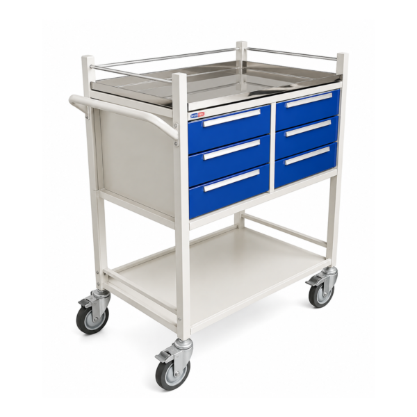 Deluxe stainless steel instrument trolley for hospital surgical and medical utility applications